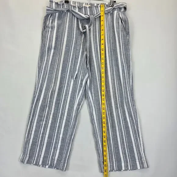 Loft Wide Leg Linen Pants Women M Gray White Striped Slash Pockets Tie Waist - Picture 4 of 11
